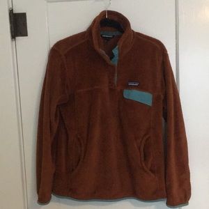 Rust orange x teal Patagonia fuzzy thermal pullover sweater